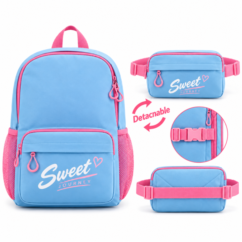 blue pink backpack Blue zippered pencil case with colourful Mason lettering, a football detail and a matching side loop