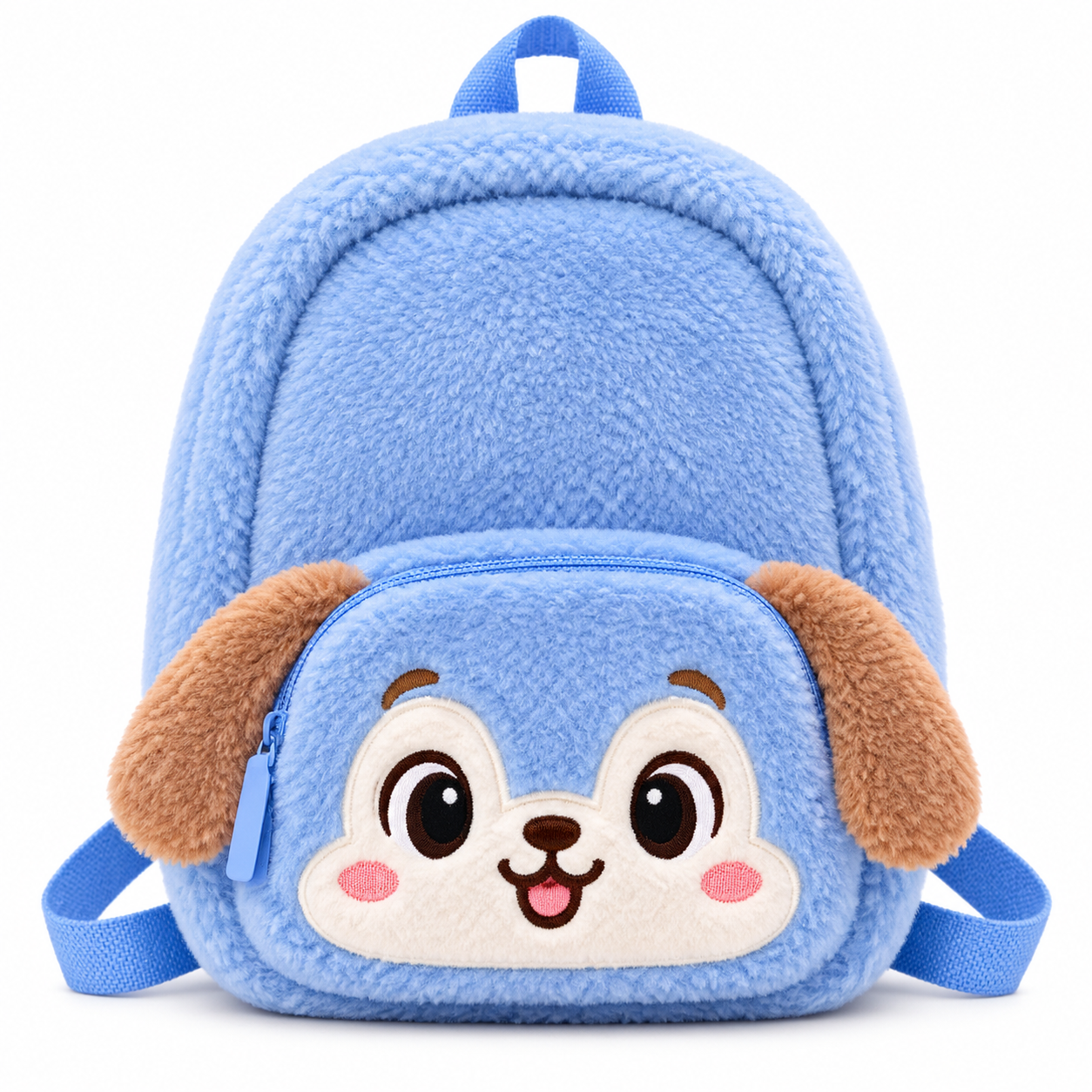blue puppy plush kids backpack front (1) Front view of a blue plush kids backpack with a puppy-face zip pocket and floppy brown ears