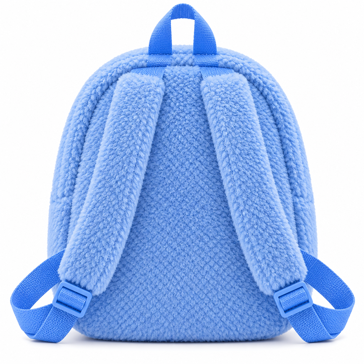 blue puppy plush kids backpack front (2) Front view of a blue plush kids backpack with a puppy-face zip pocket and floppy brown ears