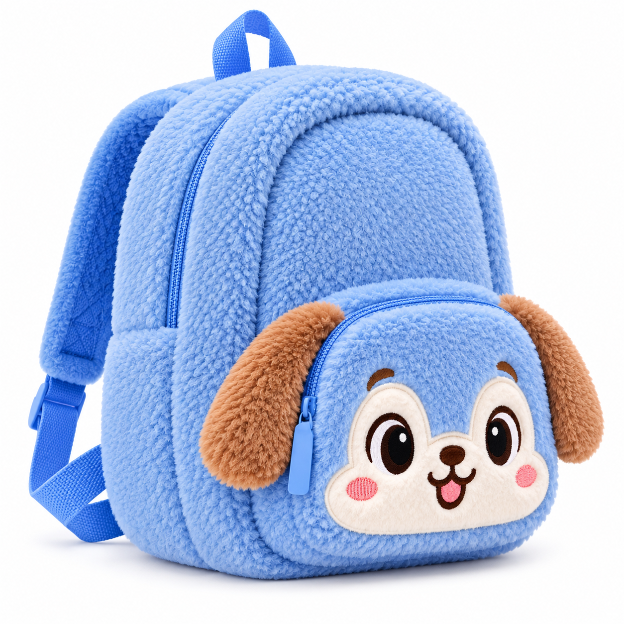 blue puppy plush kids backpack front (3) Front view of a blue plush kids backpack with a puppy-face zip pocket and floppy brown ears