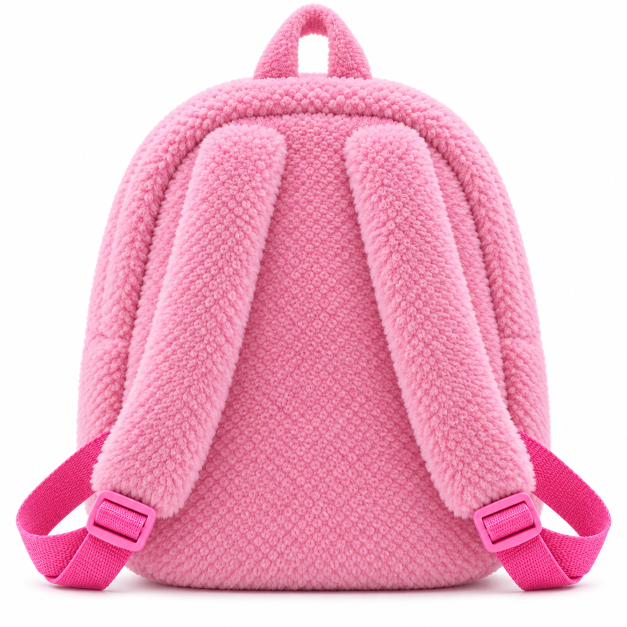 pink bunny plush kids backpack front (1) views of a pink plush kids backpack with a bunny-face zip pocket and raised cream-centred ears