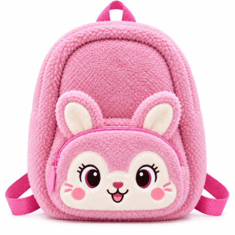 Front view of a pink plush kids backpack with a bunny-face zip pocket and raised cream-centred ears